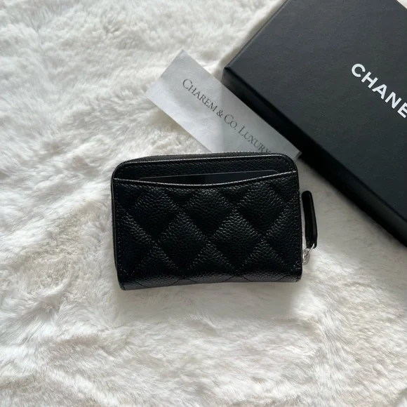 NEW🖤REV Chanel Classic Black Zipped Caviar Card Holder Wallet silver hardware. - Picture 2 of 7